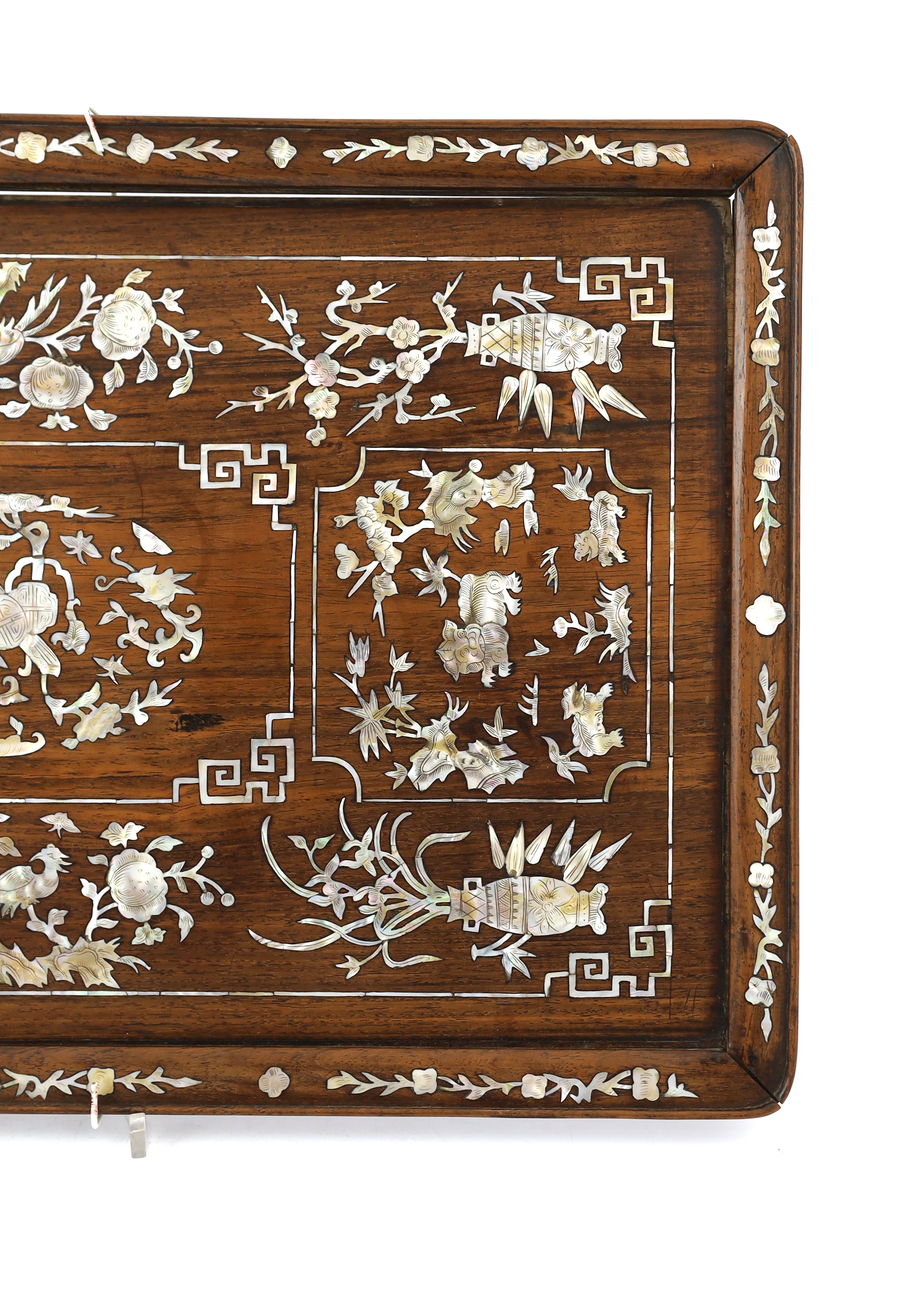 A Chinese hongmu and mother of pearl inlaid tray, late 19th century